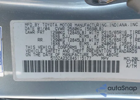 2004 Toyota Sienna Le z USA, uszkodzony, nr VIN 5TDZA23C84S115177